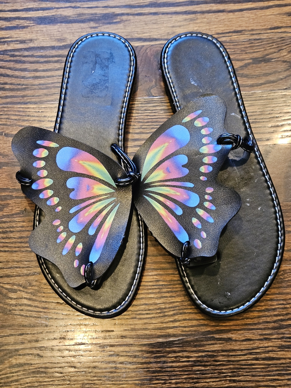 Butterfly Accent Black Women's Slide Sandals - Vibrant Multicolor Wings